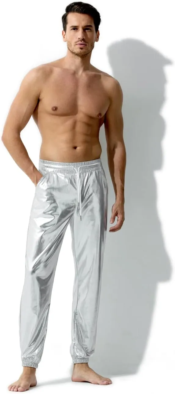 Arjen Kroos Men's Metallic Shiny Jogger Pants Breathable Party Night Club Disco Trousers