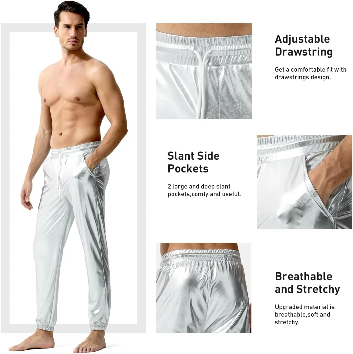 Arjen Kroos Men's Metallic Shiny Jogger Pants Breathable Party Night Club Disco Trousers