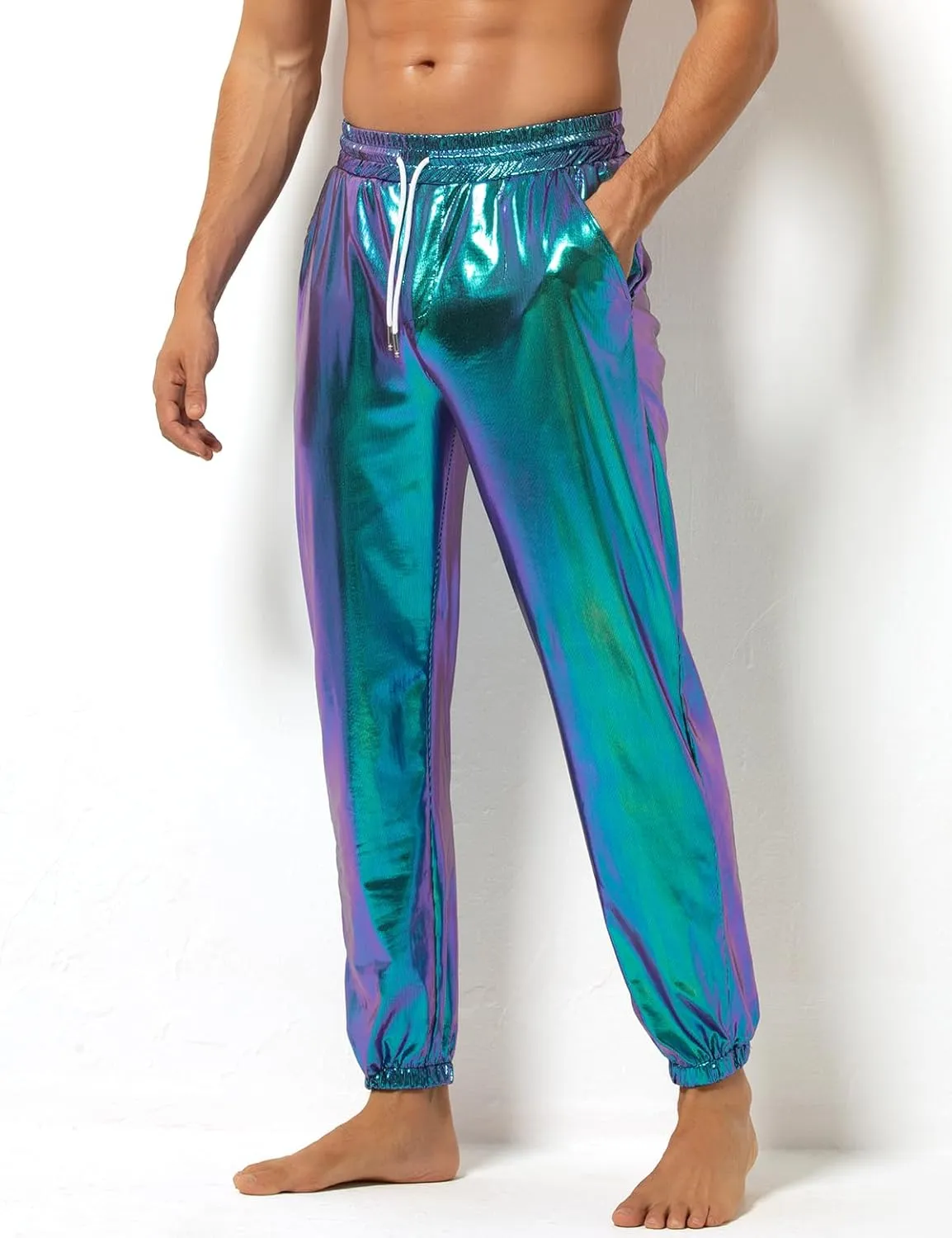 Arjen Kroos Men's Metallic Shiny Jogger Pants Breathable Party Night Club Disco Trousers