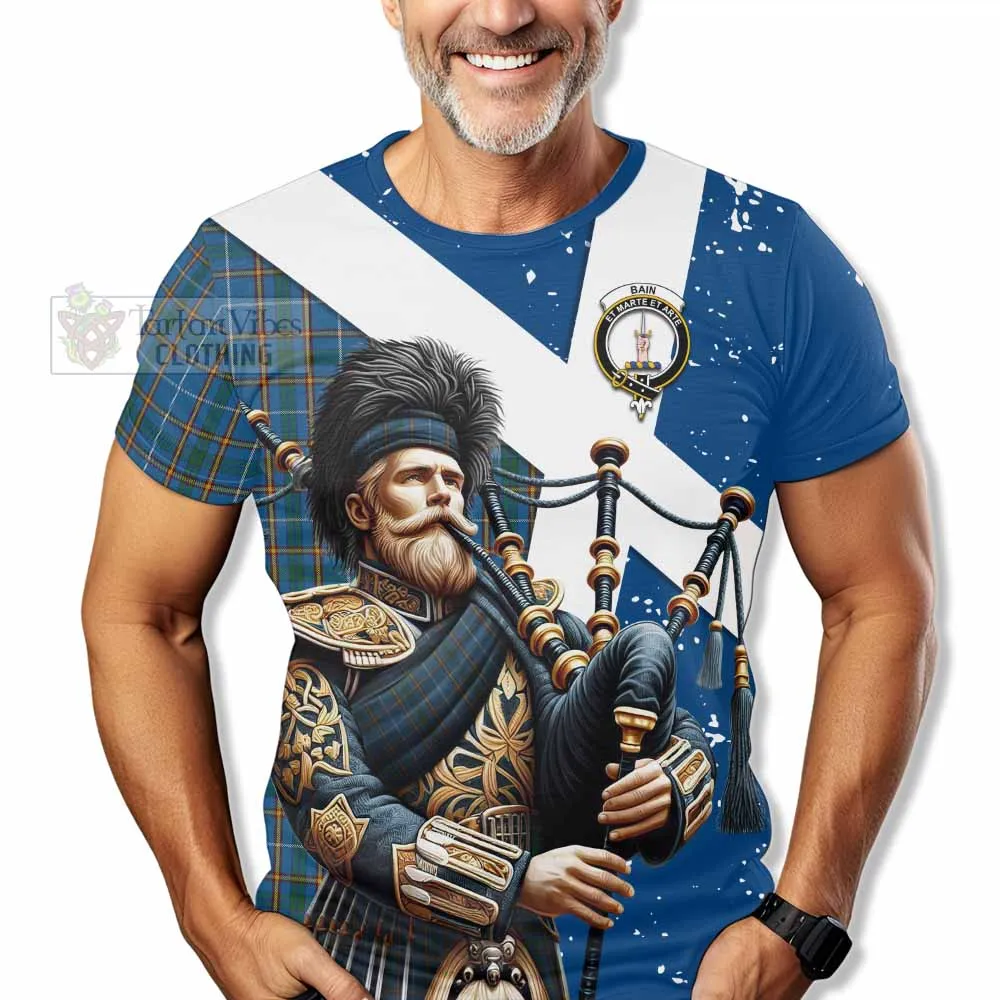 Bain Tartan T-Shirt with Family Crest Scottish Bagpiper Vibes
