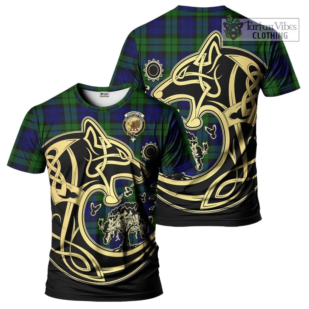 Bannatyne Tartan T-Shirt with Family Crest Celtic Wolf Style