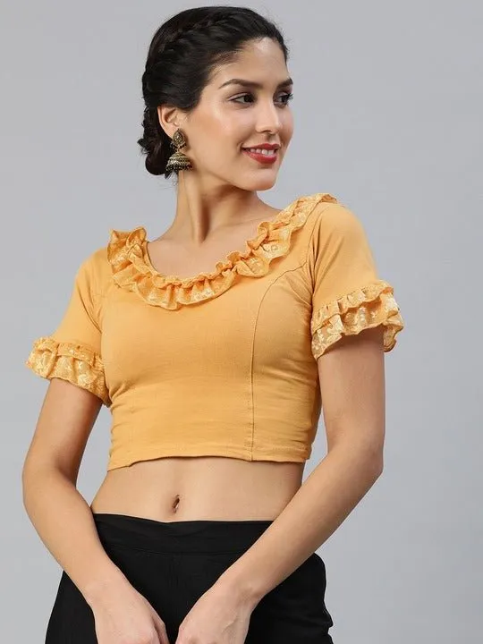 Beige Cotton Stretchable Saree Blouse With Ruffles