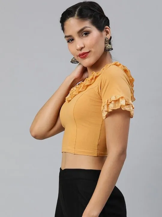 Beige Cotton Stretchable Saree Blouse With Ruffles