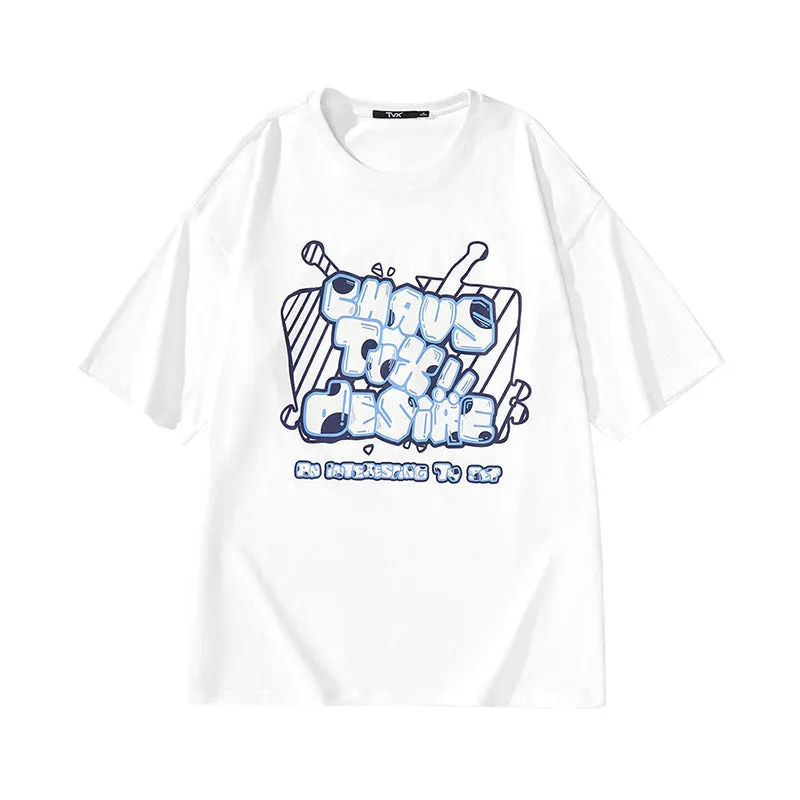 Comic book letter-print loose shoulder drop cotton round neck T-shirt