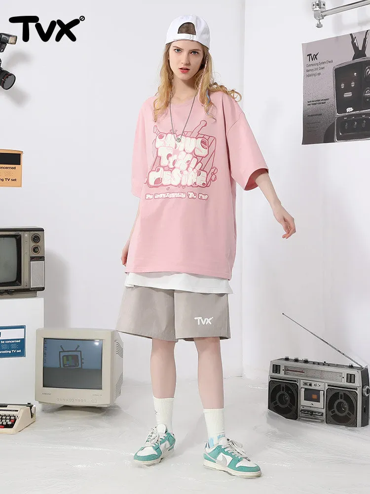 Comic book letter-print loose shoulder drop cotton round neck T-shirt