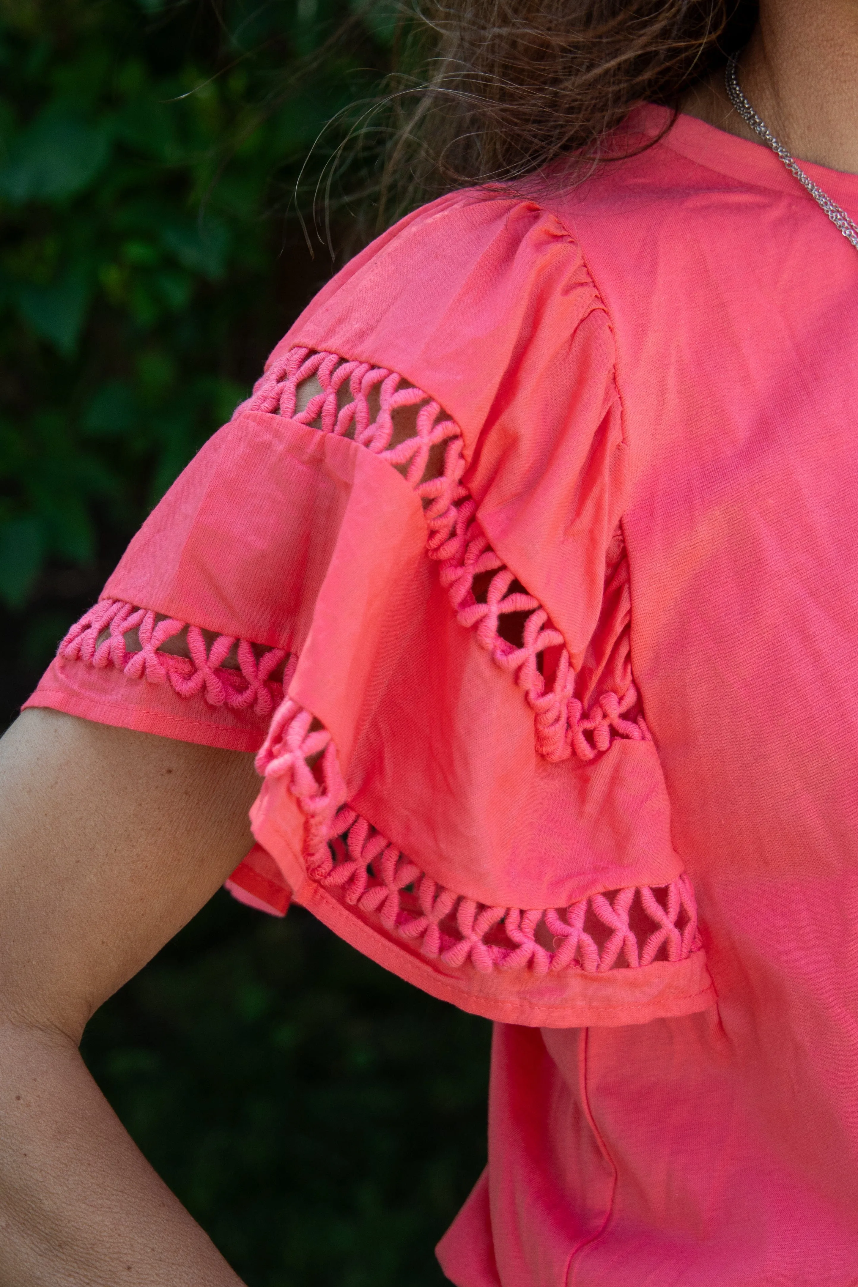 Coral Crochet Trim Sleeve Top
