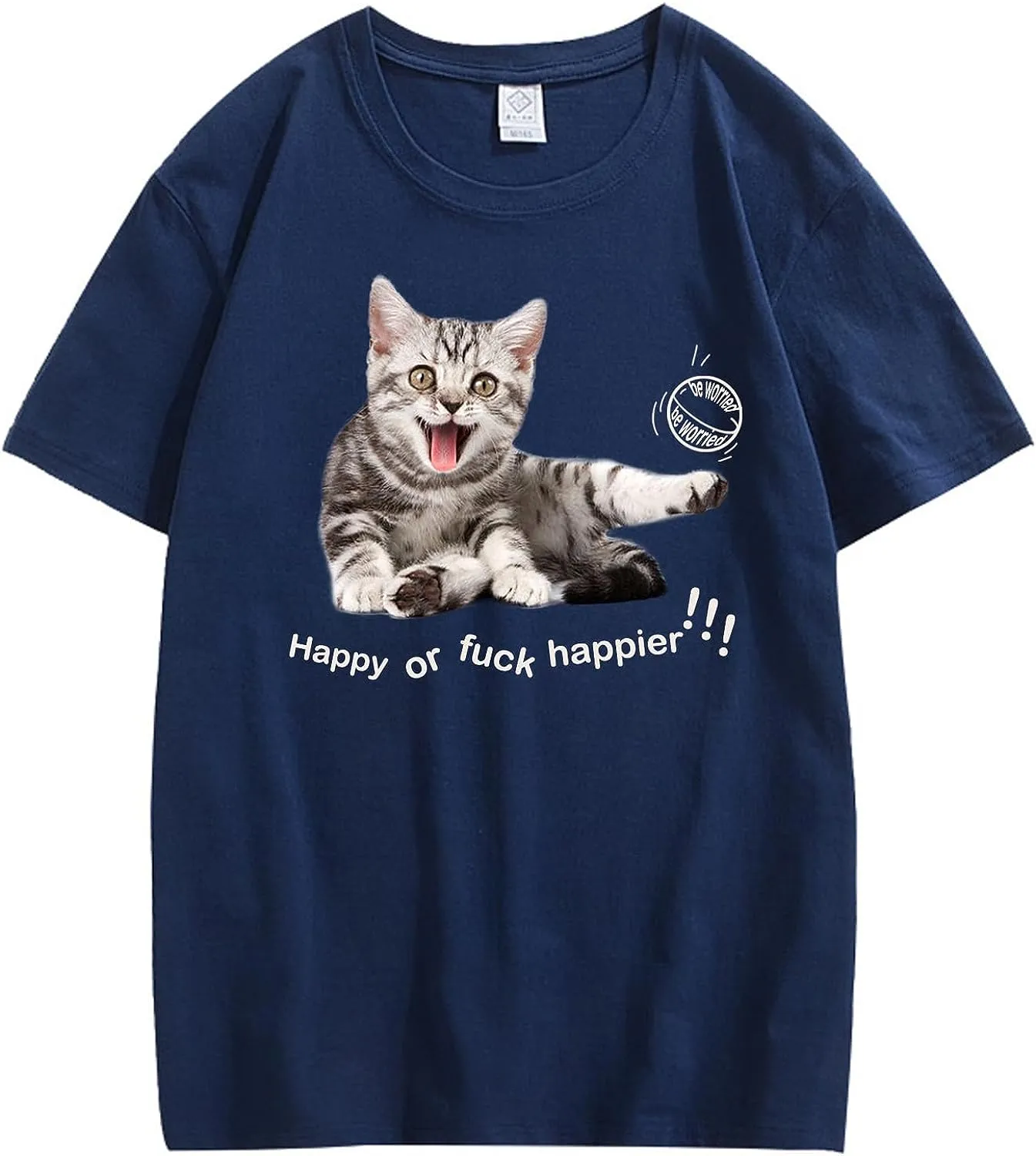 CORIRESHA Teen Happy Cat Crewneck Short Sleeve Summer Casual Cotton Cute T-Shirt