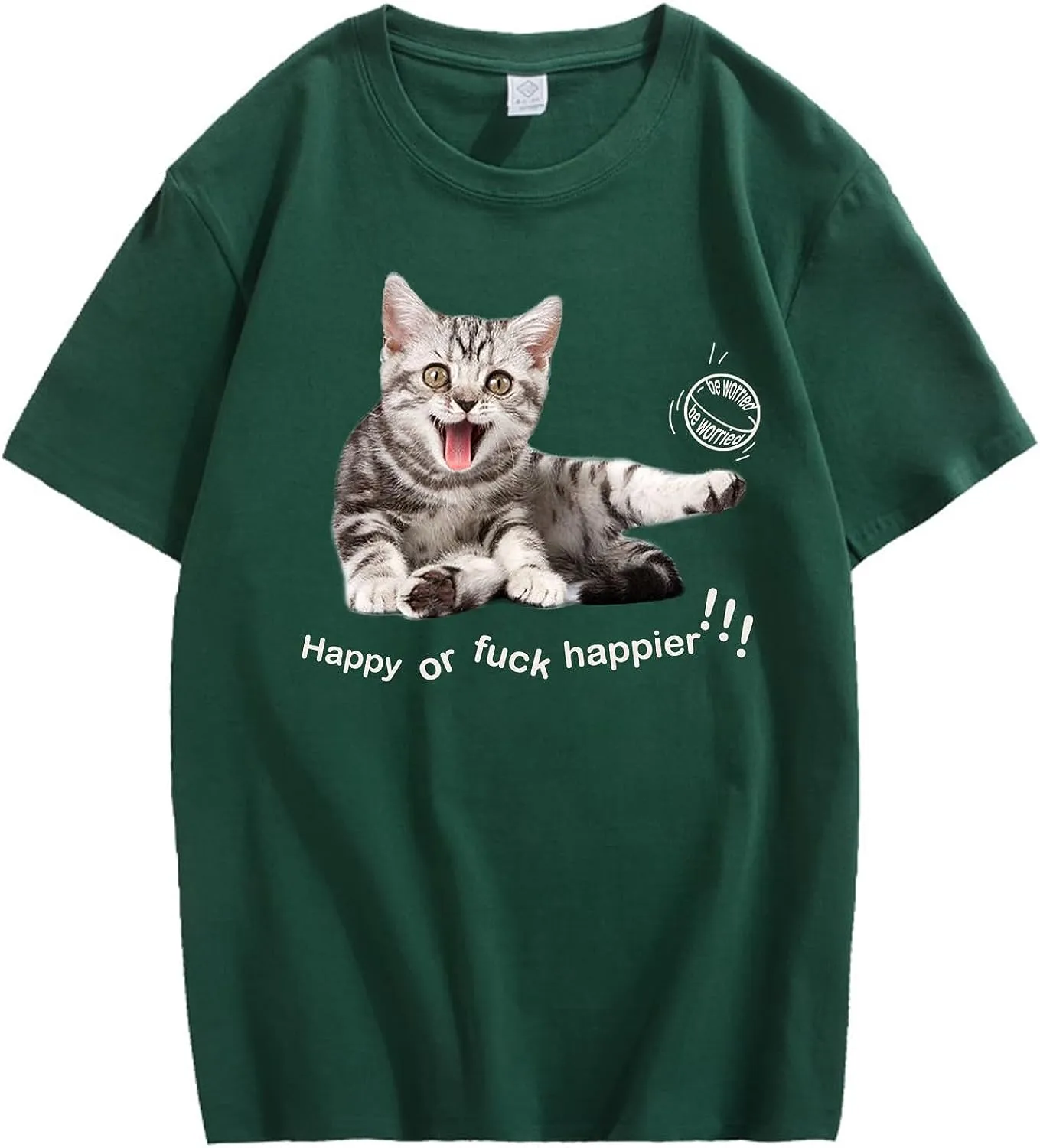 CORIRESHA Teen Happy Cat Crewneck Short Sleeve Summer Casual Cotton Cute T-Shirt