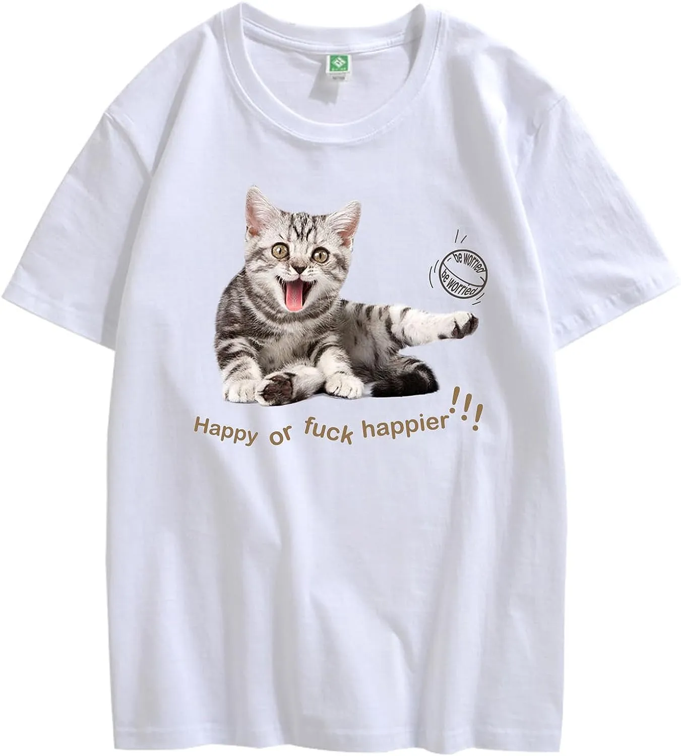 CORIRESHA Teen Happy Cat Crewneck Short Sleeve Summer Casual Cotton Cute T-Shirt