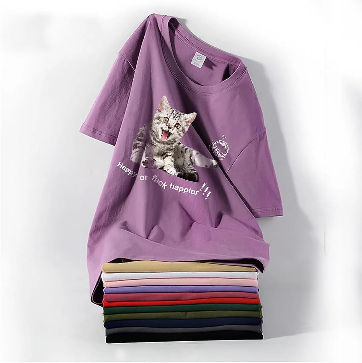 CORIRESHA Teen Happy Cat Crewneck Short Sleeve Summer Casual Cotton Cute T-Shirt