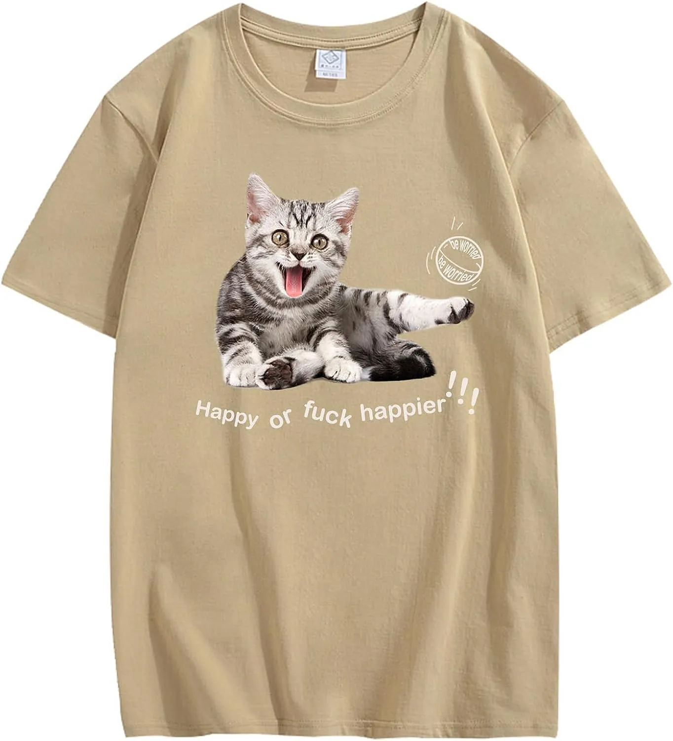 CORIRESHA Teen Happy Cat Crewneck Short Sleeve Summer Casual Cotton Cute T-Shirt