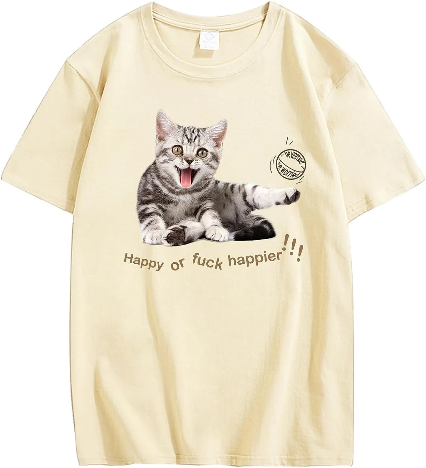CORIRESHA Teen Happy Cat Crewneck Short Sleeve Summer Casual Cotton Cute T-Shirt