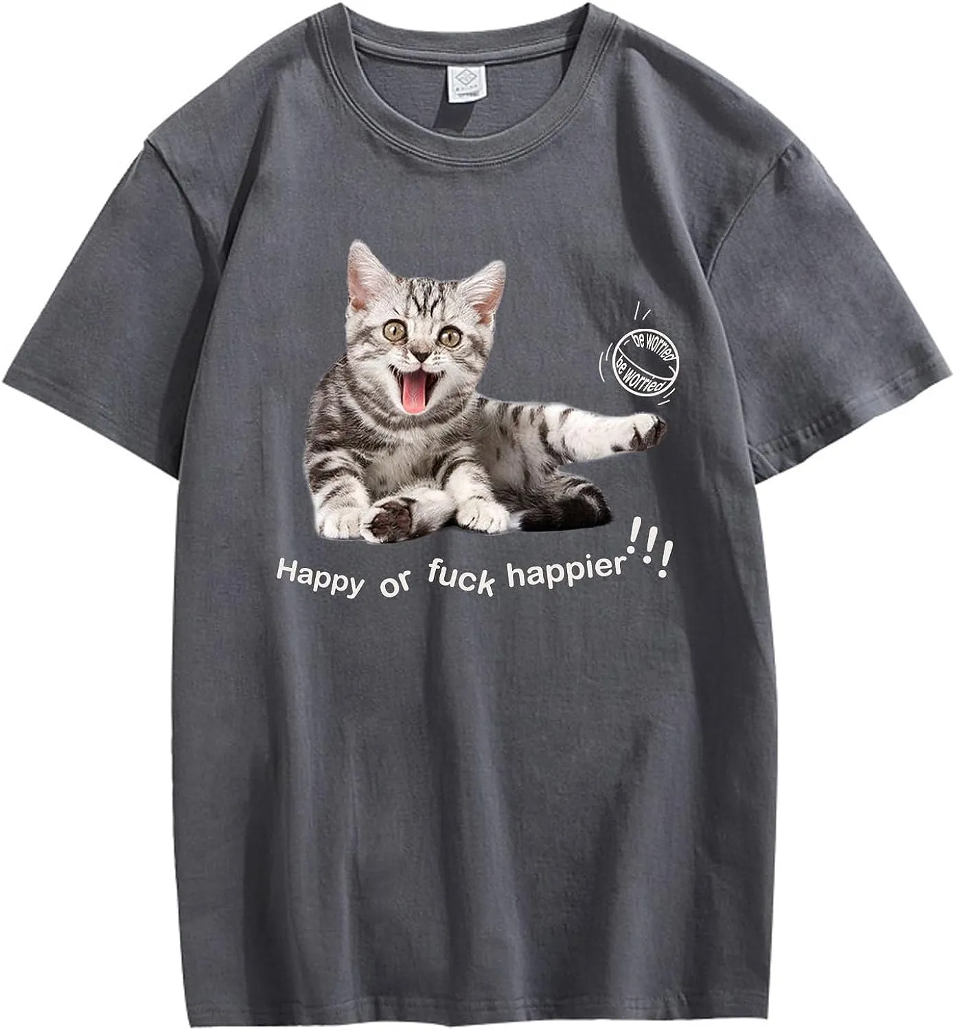 CORIRESHA Teen Happy Cat Crewneck Short Sleeve Summer Casual Cotton Cute T-Shirt