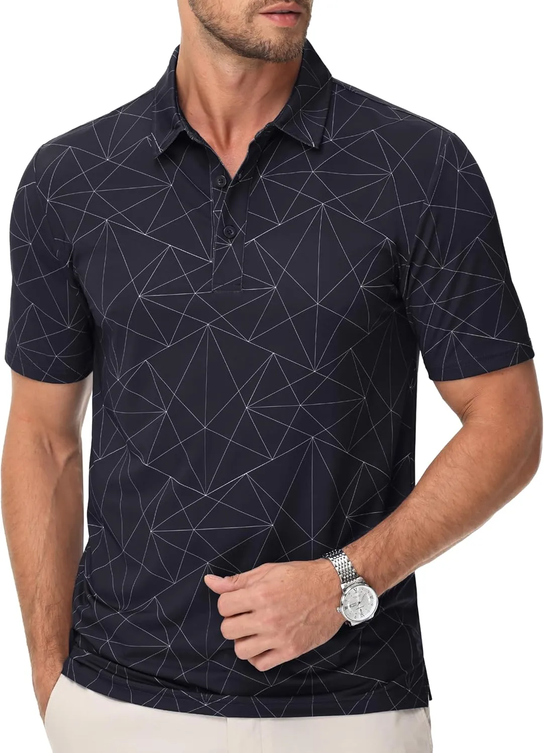 Cotrasen Mens Polo Golf Shirts Moisture Wicking Performance T-Shirts Print Breathable Short Sleeve Polo Shirt for Men