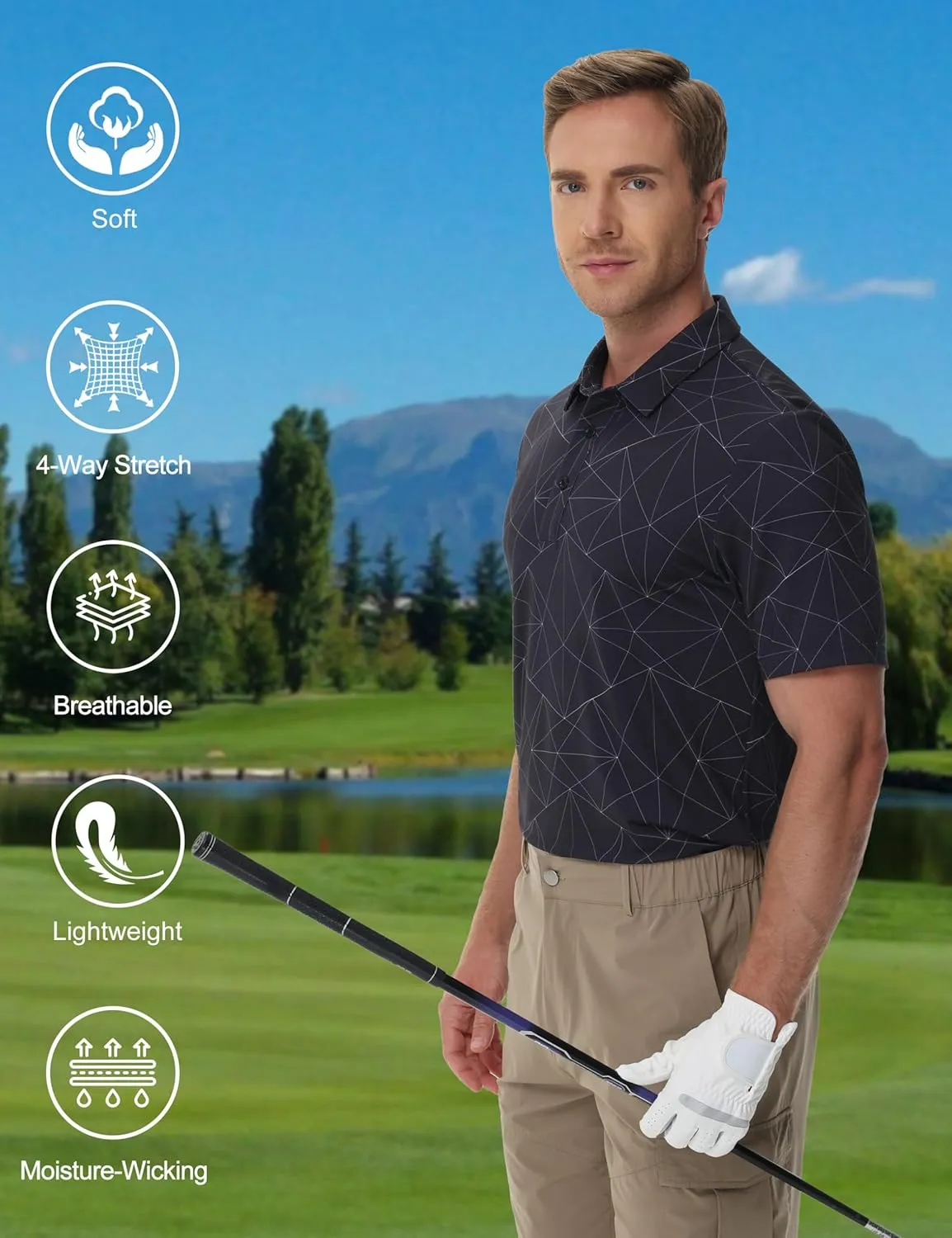 Cotrasen Mens Polo Golf Shirts Moisture Wicking Performance T-Shirts Print Breathable Short Sleeve Polo Shirt for Men