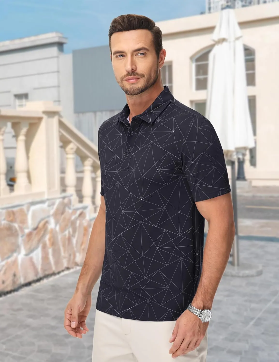 Cotrasen Mens Polo Golf Shirts Moisture Wicking Performance T-Shirts Print Breathable Short Sleeve Polo Shirt for Men