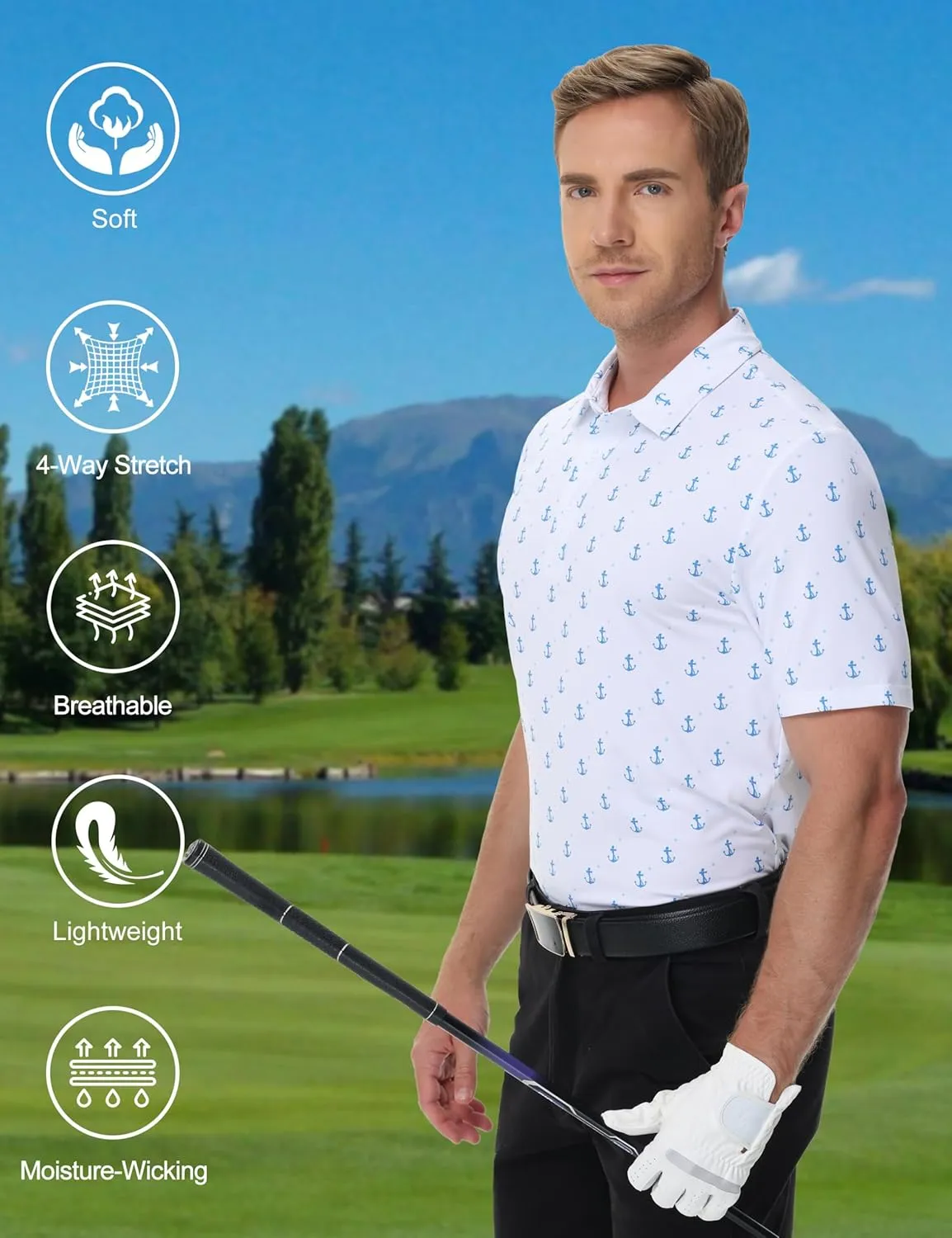 Cotrasen Mens Polo Golf Shirts Moisture Wicking Performance T-Shirts Print Breathable Short Sleeve Polo Shirt for Men