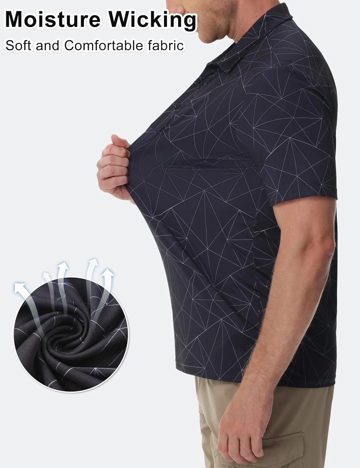 Cotrasen Mens Polo Golf Shirts Moisture Wicking Performance T-Shirts Print Breathable Short Sleeve Polo Shirt for Men