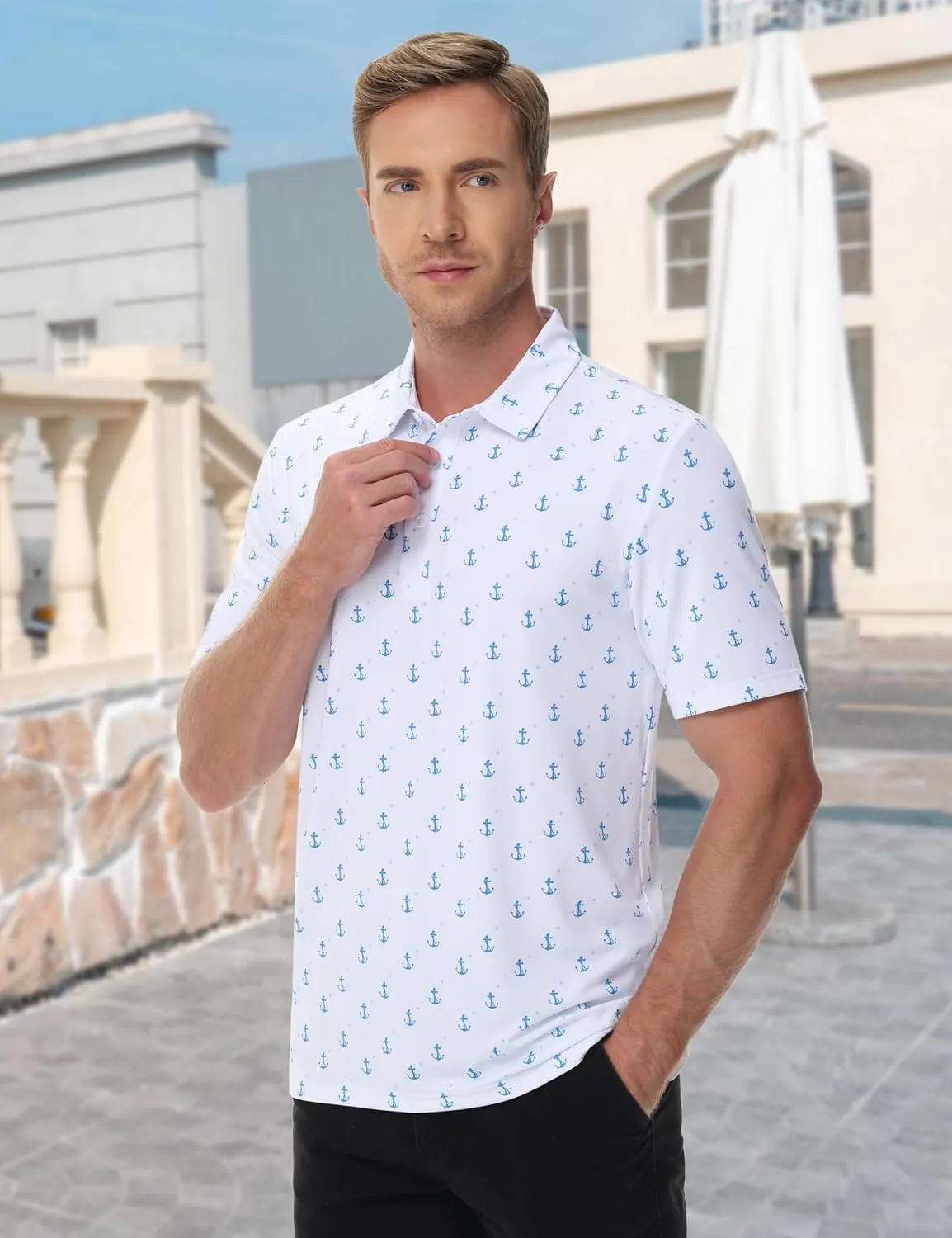 Cotrasen Mens Polo Golf Shirts Moisture Wicking Performance T-Shirts Print Breathable Short Sleeve Polo Shirt for Men
