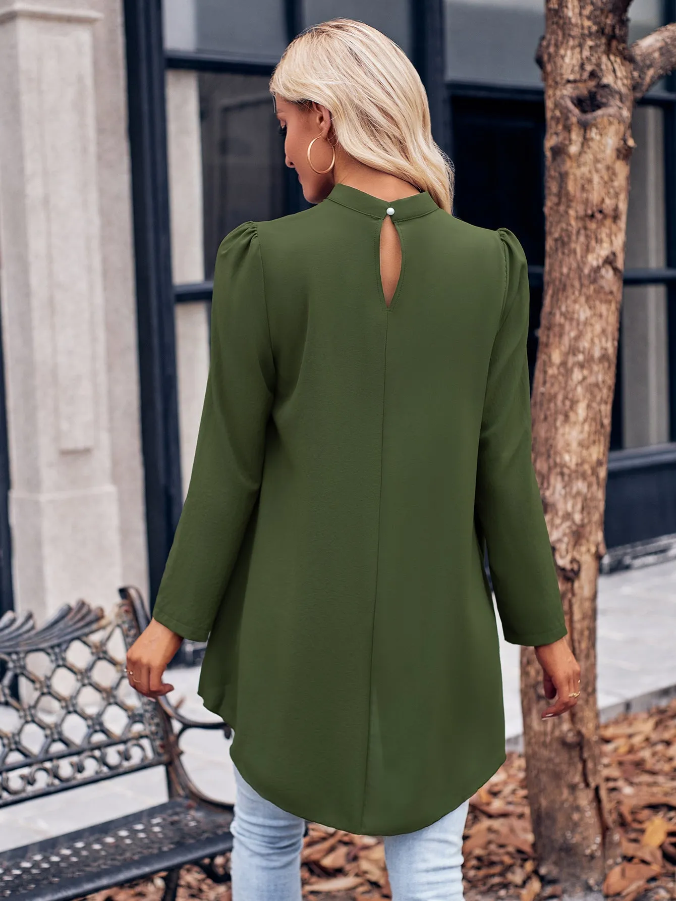 Elegant Silky Solid Color Half High-neck Long Sleeve Mock Two-piece Blouse
