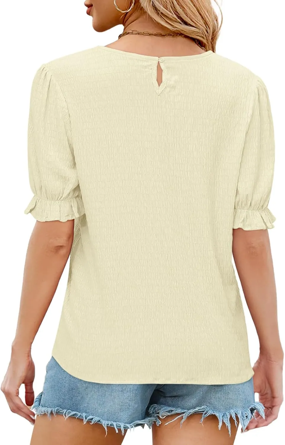 Elesomo Women's Tops Summer Puff Short Sleeve T Shirts Casual Crew Neck Tee Blouses