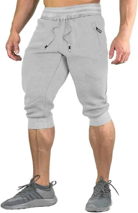 FASKUNOIE Men's Cotton Casual Shorts 3/4 Jogger Capri Pants Breathable Below Knee Short Pants with Three Pockets