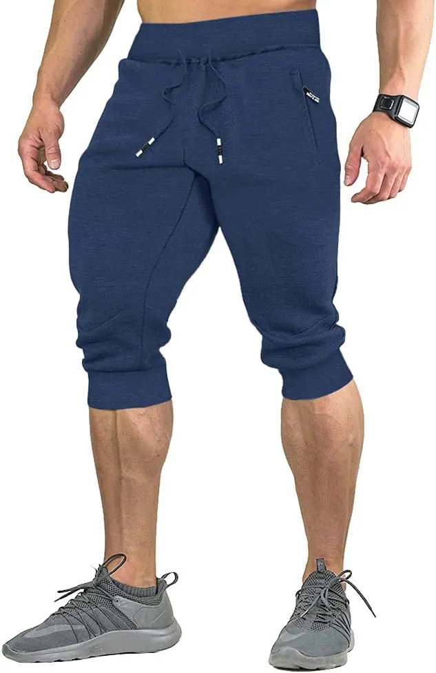 FASKUNOIE Men's Cotton Casual Shorts 3/4 Jogger Capri Pants Breathable Below Knee Short Pants with Three Pockets