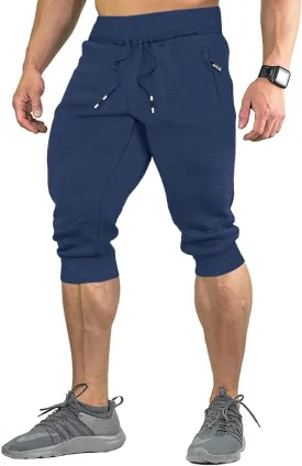 FASKUNOIE Men's Cotton Casual Shorts 3/4 Jogger Capri Pants Breathable Below Knee Short Pants with Three Pockets