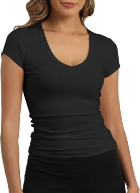GEMBERA Womens' Stretchy V Neck Short Sleeve Gym Workout Form Fitted Casual Basic Top T-Shirt