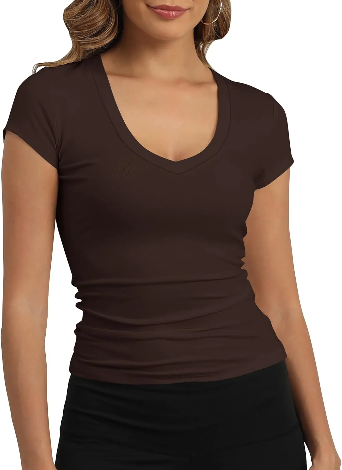 GEMBERA Womens' Stretchy V Neck Short Sleeve Gym Workout Form Fitted Casual Basic Top T-Shirt
