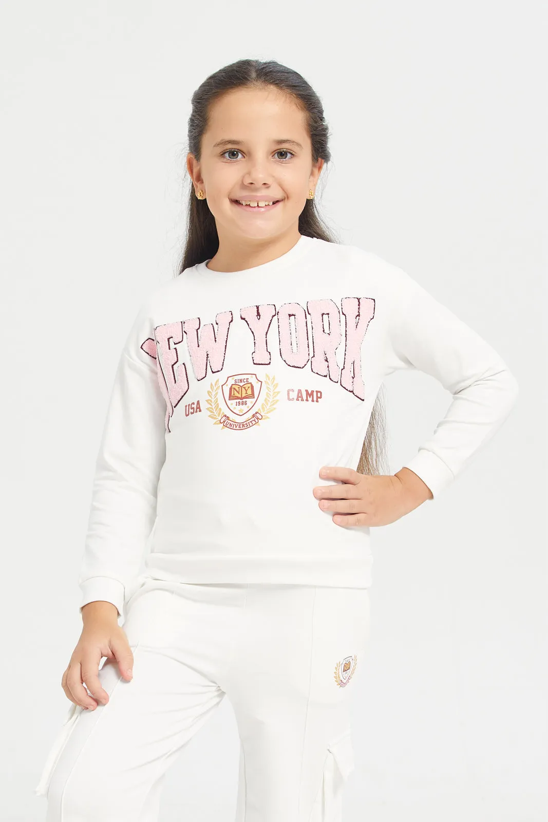 Girls Pink Allover Print Rhinestones Jogsuit (2 Piece)