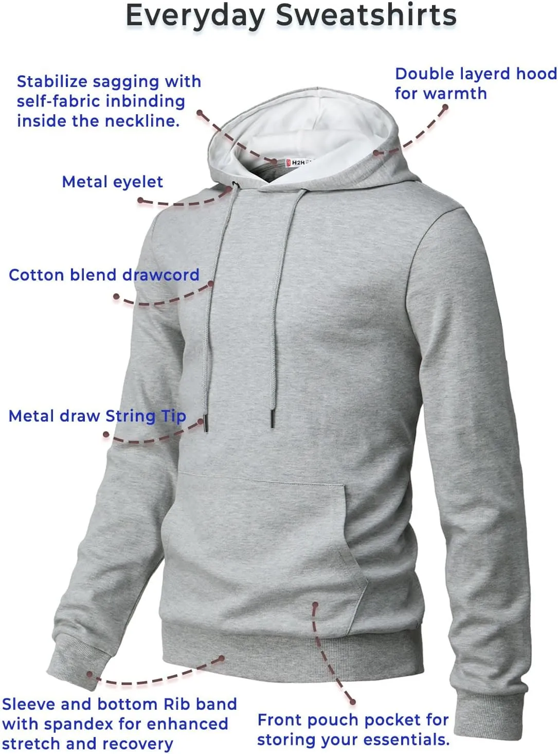 H2H Men's Pullover Hoodie Lightweight Long Sleeve with Kangaroo Pocket Slim Fit Basic Casual Sweatshirt