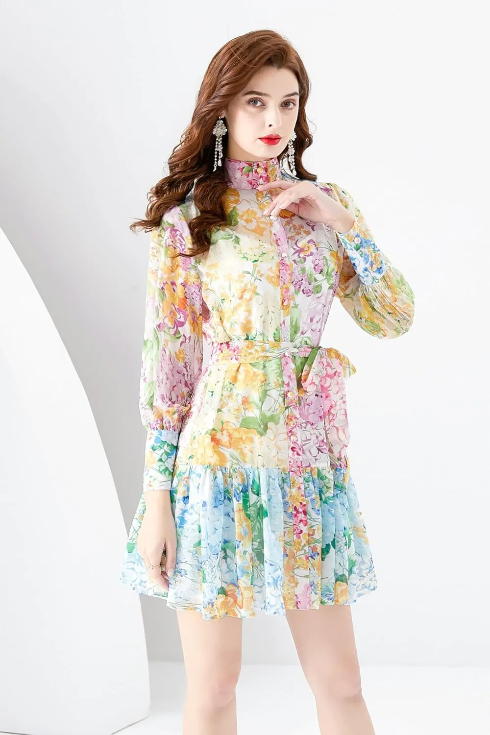 LAI MENG FIVE CATS Women's Floral Print Long Lantern Sleeve Ruffle Casual Button Belted Thin Fabric Mini Dress