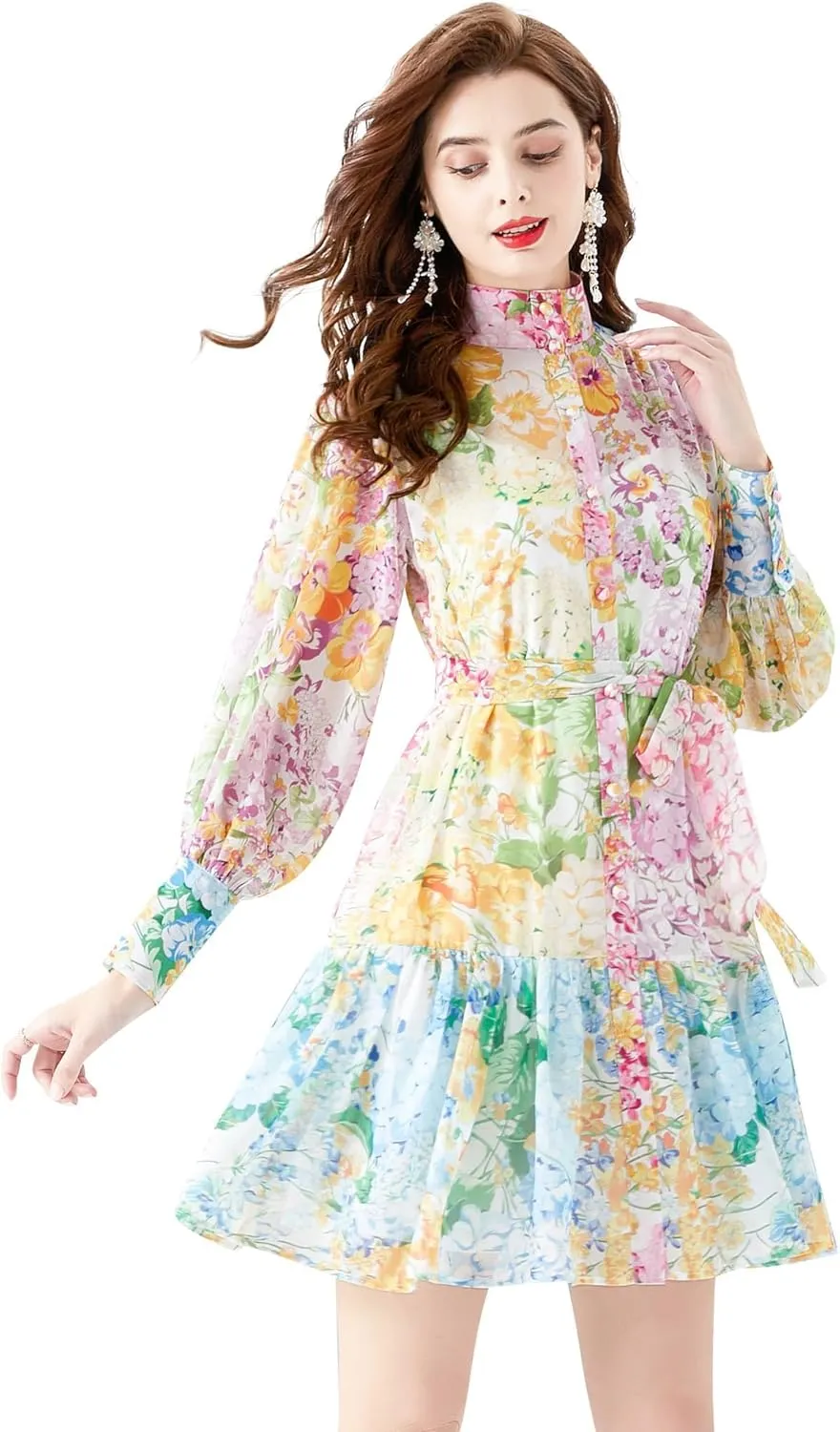 LAI MENG FIVE CATS Women's Floral Print Long Lantern Sleeve Ruffle Casual Button Belted Thin Fabric Mini Dress
