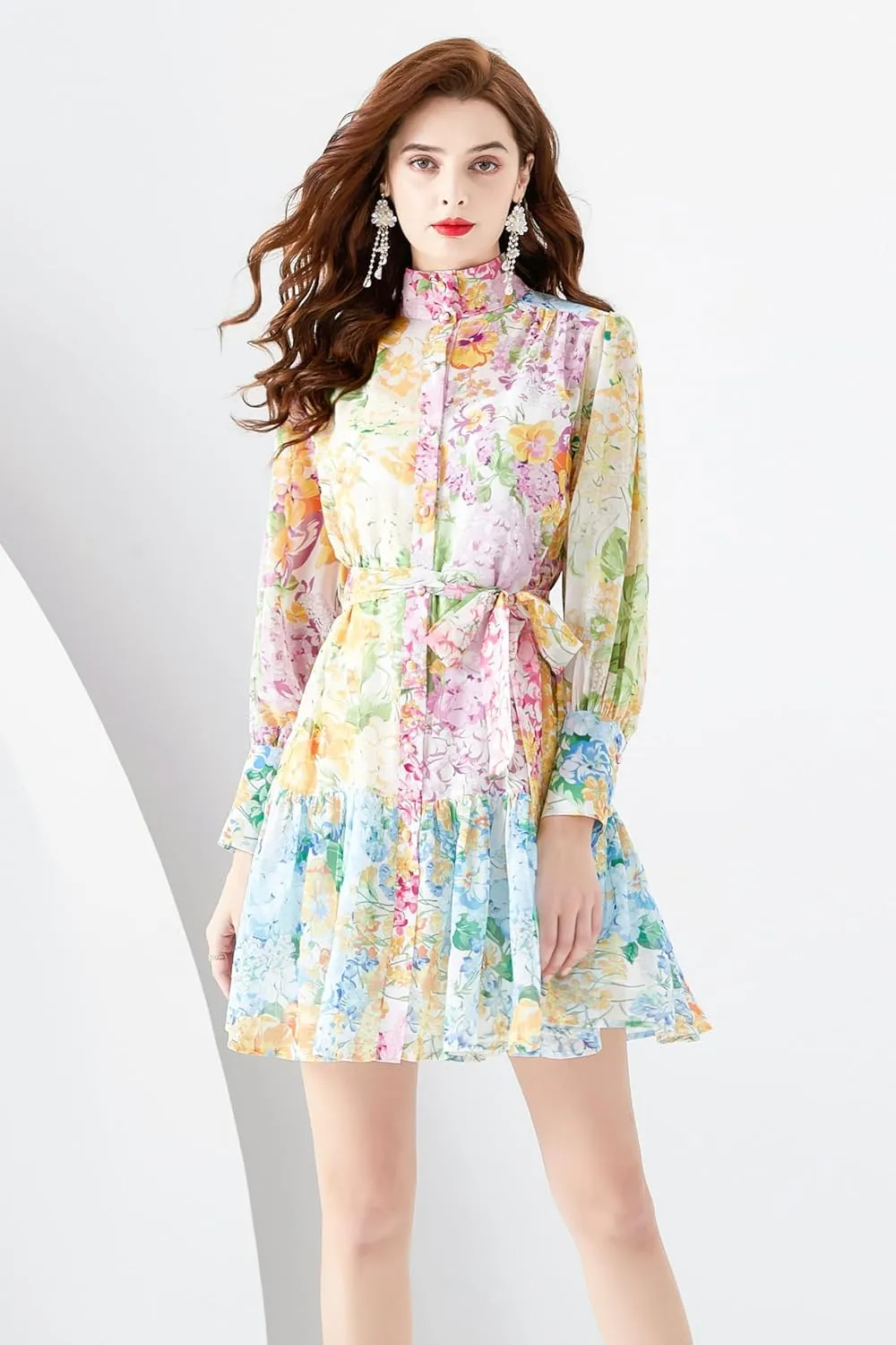 LAI MENG FIVE CATS Women's Floral Print Long Lantern Sleeve Ruffle Casual Button Belted Thin Fabric Mini Dress