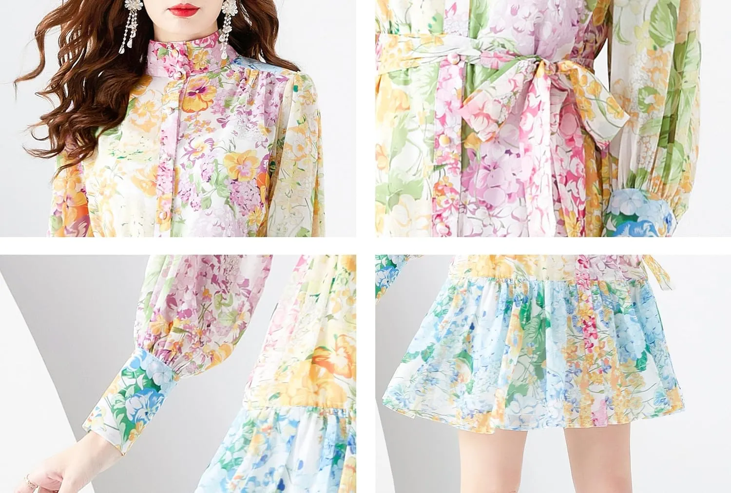 LAI MENG FIVE CATS Women's Floral Print Long Lantern Sleeve Ruffle Casual Button Belted Thin Fabric Mini Dress