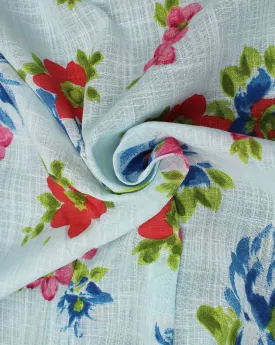 Light Sky Blue And Multicolor Floral Printed Cotton Cambric Fabric
