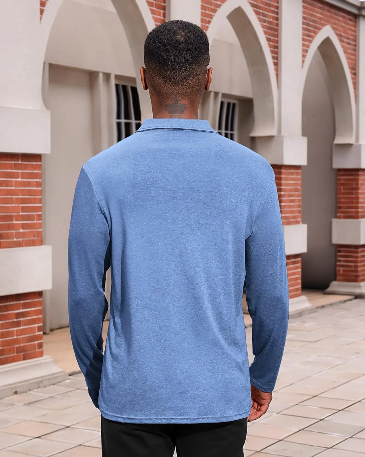 Mens Casual Polo Shirts Cotton Classic Long Sleeve Lightweight Zipper Shirt with Pocket