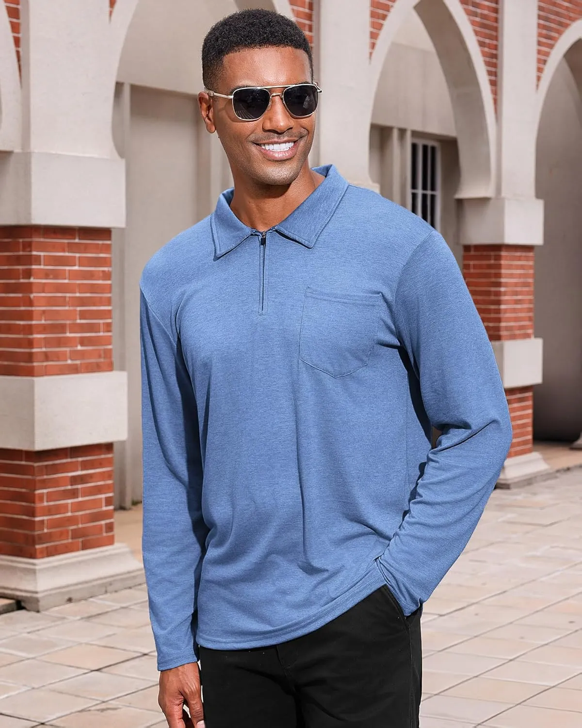 Mens Casual Polo Shirts Cotton Classic Long Sleeve Lightweight Zipper Shirt with Pocket