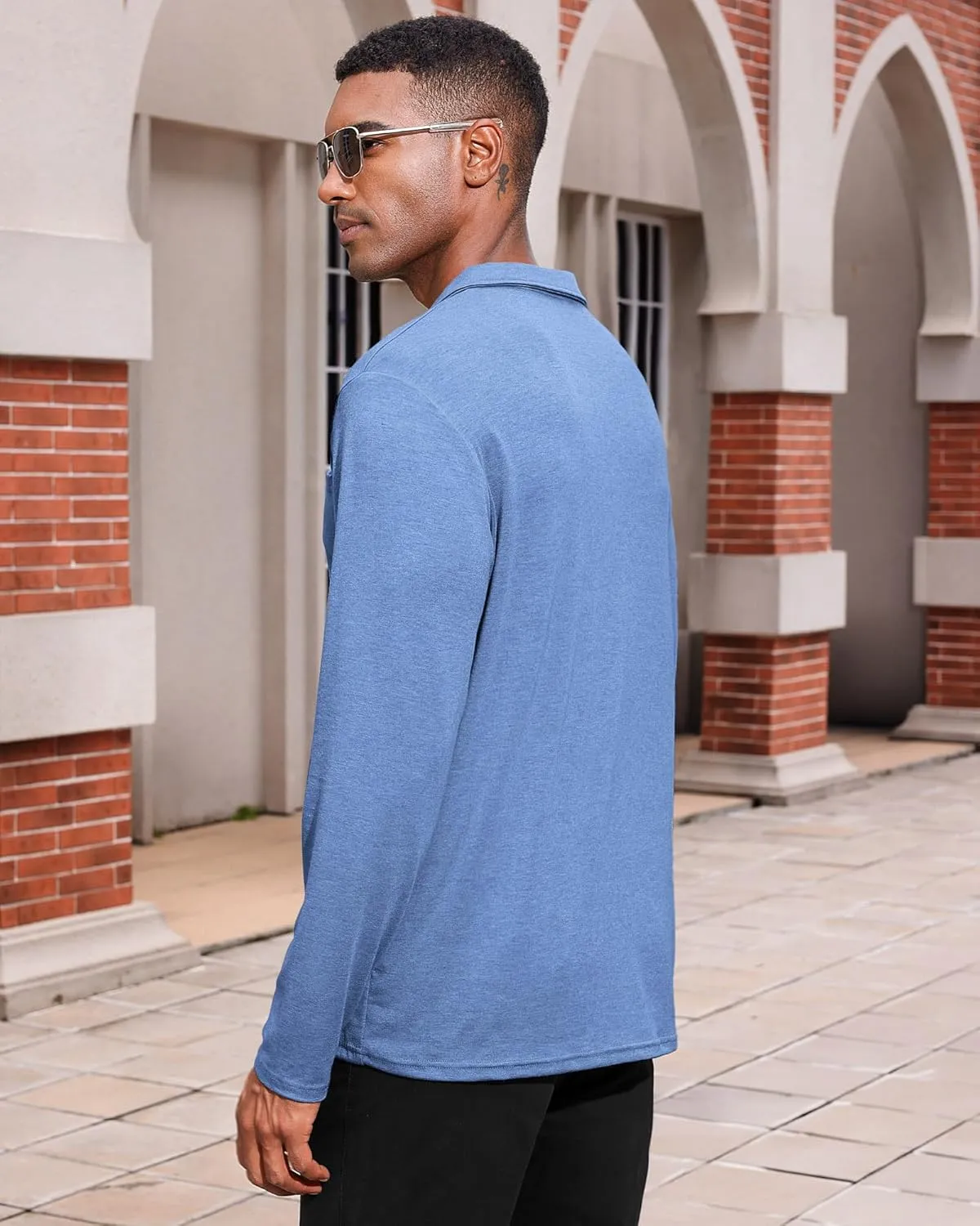 Mens Casual Polo Shirts Cotton Classic Long Sleeve Lightweight Zipper Shirt with Pocket