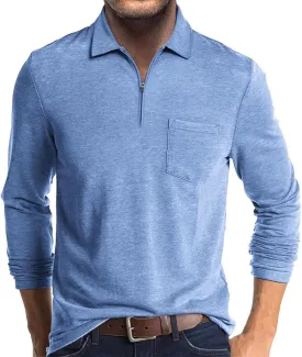 Mens Casual Polo Shirts Cotton Classic Long Sleeve Lightweight Zipper Shirt with Pocket