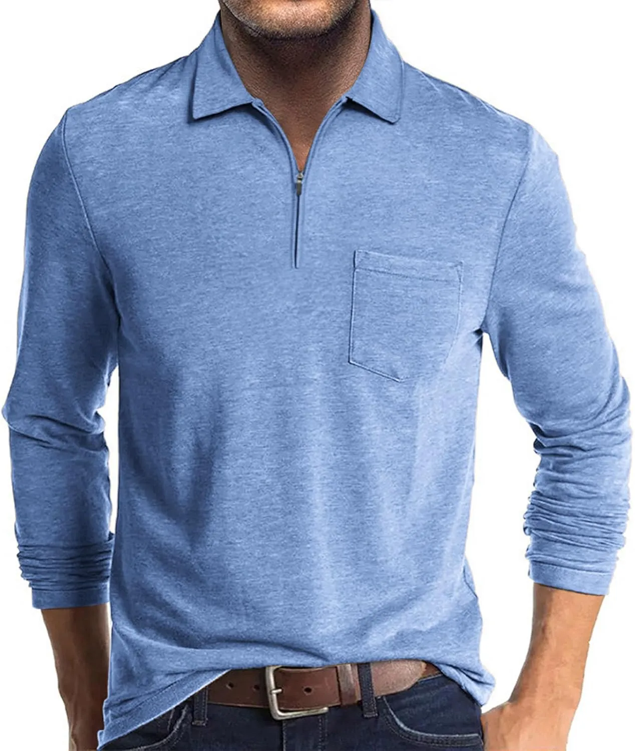 Mens Casual Polo Shirts Cotton Classic Long Sleeve Lightweight Zipper Shirt with Pocket