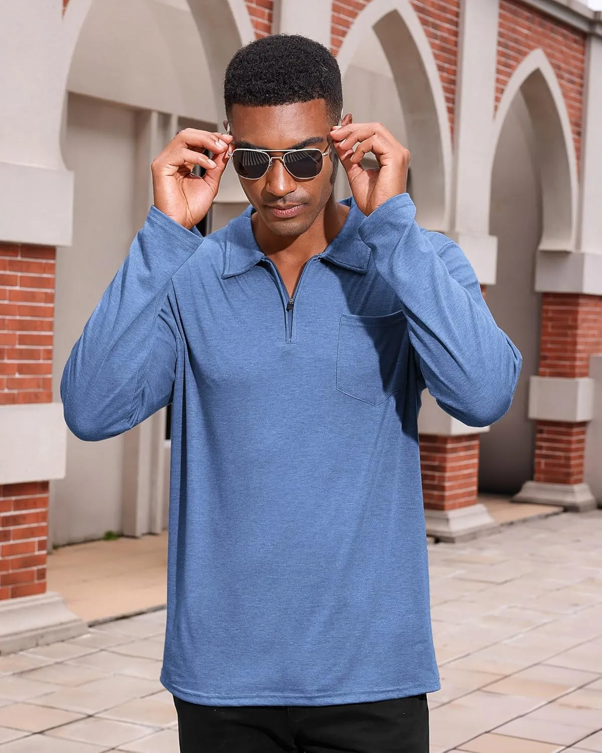 Mens Casual Polo Shirts Cotton Classic Long Sleeve Lightweight Zipper Shirt with Pocket