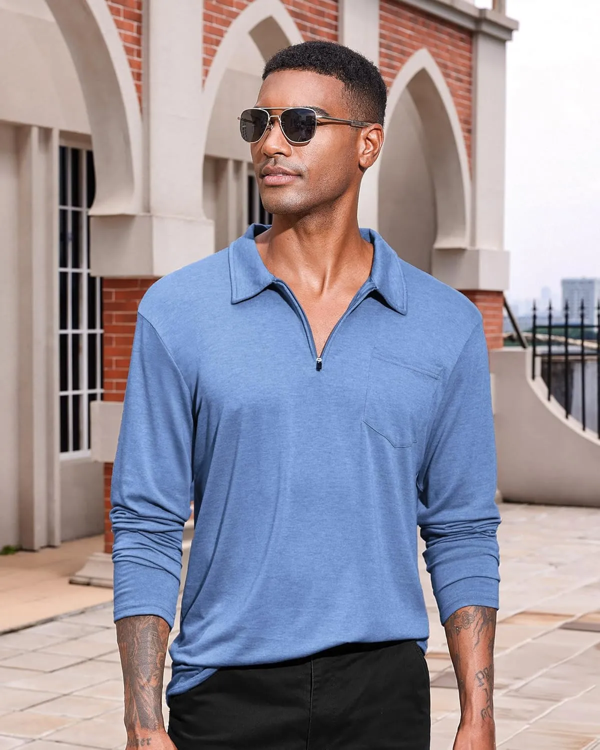 Mens Casual Polo Shirts Cotton Classic Long Sleeve Lightweight Zipper Shirt with Pocket