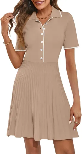 MEROKEETY Women's Summer Ribbed Knit Midi Dresses Short Sleeve V Neck Button A Line Swing Sweater Dress