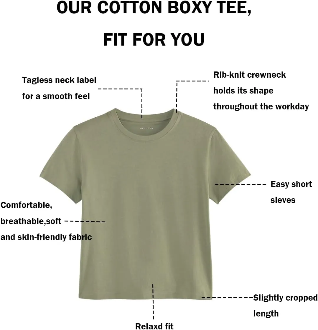 MetHera Women's 100% Cotton Crew Neck T-Shirt - Soft Relaxed Fit Box Cut Casual Tee