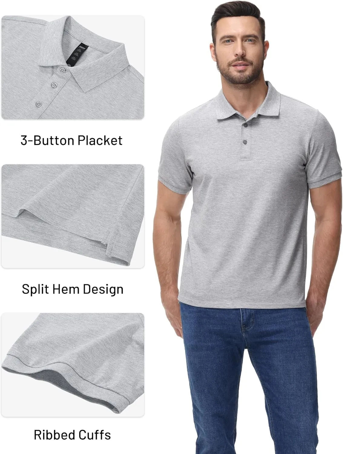 MIER Polo Shirts for Men Cotton Short Sleeve Golf Tennis Collared Shirt for Casual Work Travel, 3 Buttons, Ultra Soft