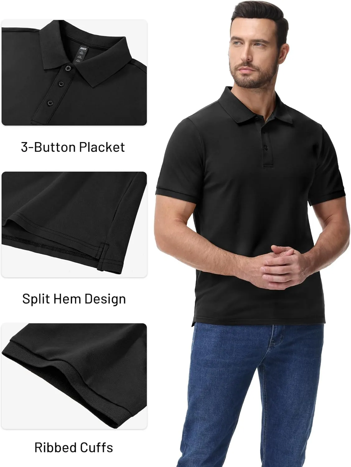 MIER Polo Shirts for Men Cotton Short Sleeve Golf Tennis Collared Shirt for Casual Work Travel, 3 Buttons, Ultra Soft