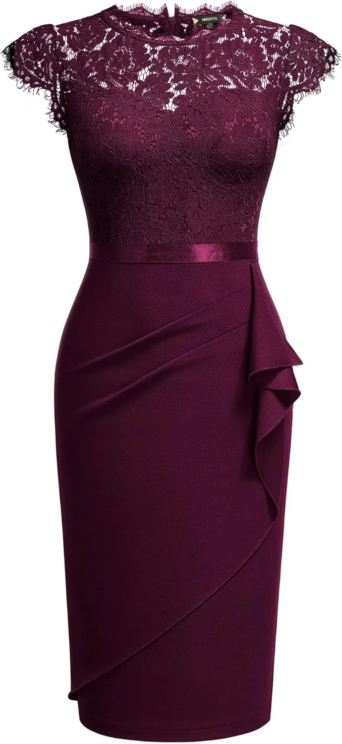 Miusol Women's Elegant Floral Lace Ruffle Design Cap Sleeve Cocktail Party Dress