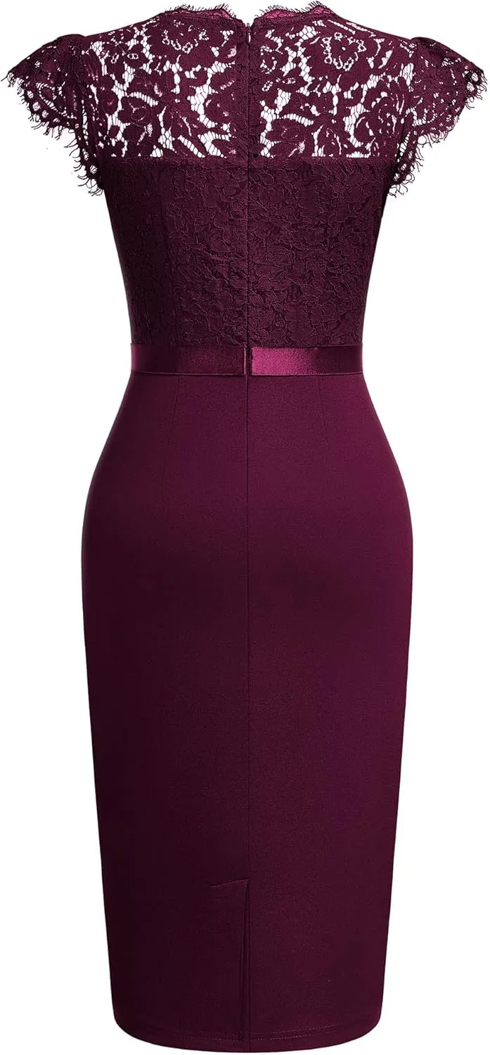 Miusol Women's Elegant Floral Lace Ruffle Design Cap Sleeve Cocktail Party Dress